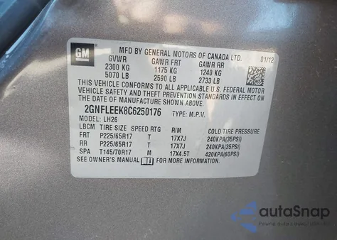 2012 Chevrolet Equinox 1Lt from USA, damaged, VIN 2GNFLEEK8C6250176